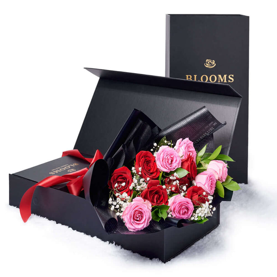 Valentine's Day 12 Stem Pink & Red Rose Bouquet With Designer Box, America Blooms Flower Delivery, Valentine's Day gifts, roses