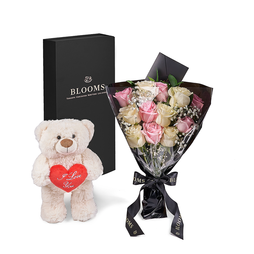 Valentine's Day 12 Stem Pink &amp; White Rose Bouquet With Box &amp; Bear, rose gift, rose, valentines day gift, valentines day, plush gift, plush, bear gift, bear, America delivery