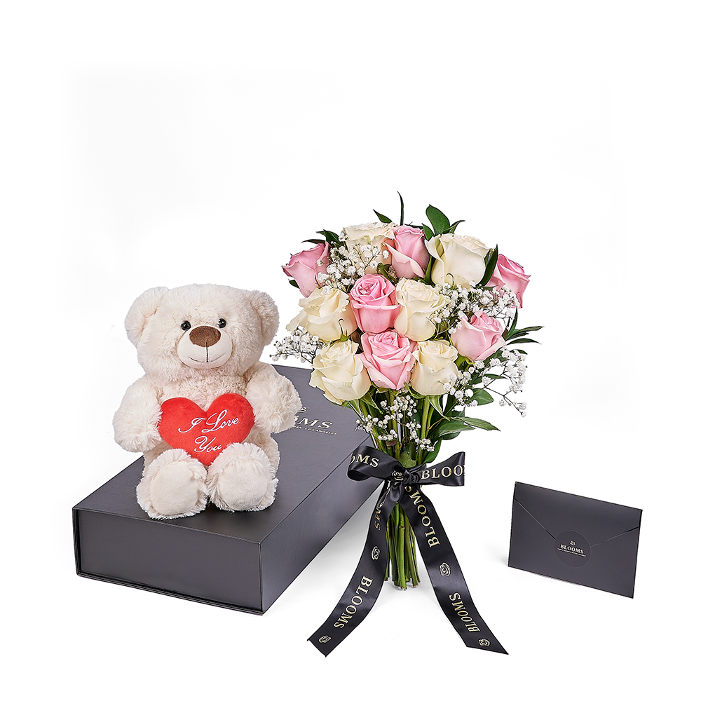 Valentine's Day 12 Stem Pink & White Rose Bouquet With Box & Bear, rose gift, rose, valentines day gift, valentines day, plush gift, plush, bear gift, bear, America delivery
