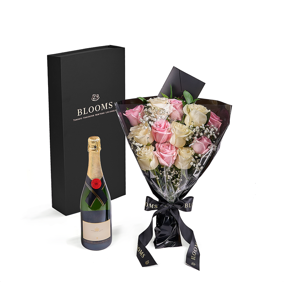 Valentine's Day 12 Stem Pink & White Rose Bouquet with Box & Champagne, valentines day gift, valentines day, rose gift, rose, champagne gift, champagne, America delivery