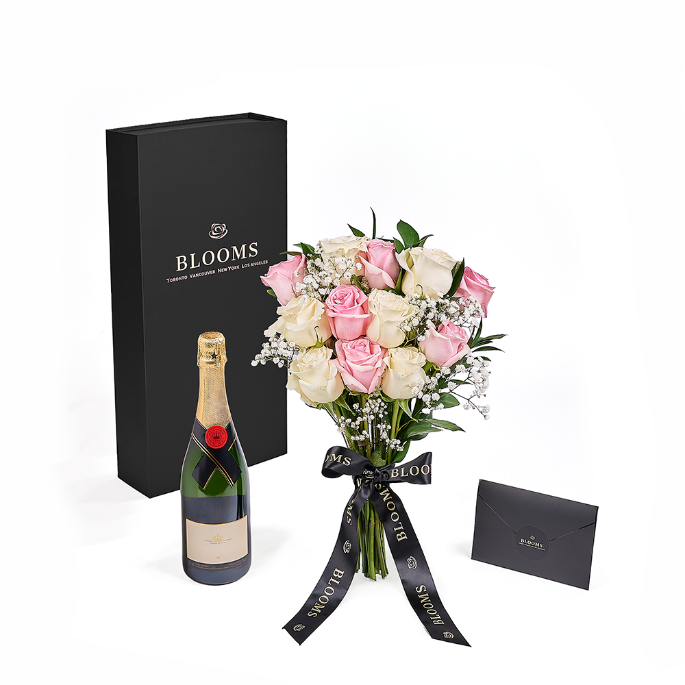 Valentine's Day 12 Stem Pink & White Rose Bouquet with Box & Champagne, valentines day gift, valentines day, rose gift, rose, champagne gift, champagne, America delivery