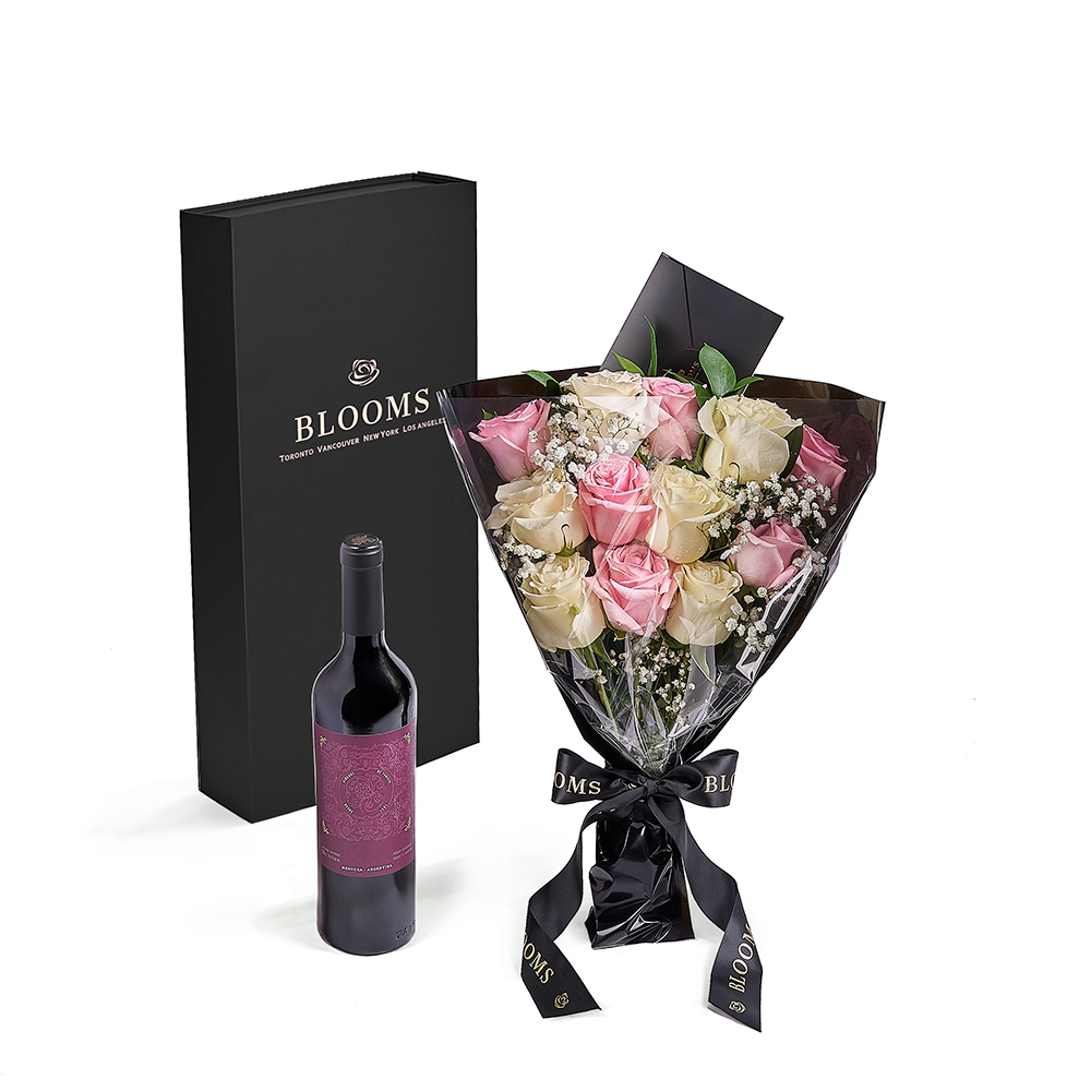 Valentine's Day 12 Stem Pink &amp; White Rose Bouquet with Box &amp; Wine, valentines day gift, valentines day, rose gift, rose, wine gift, wine, America delivery