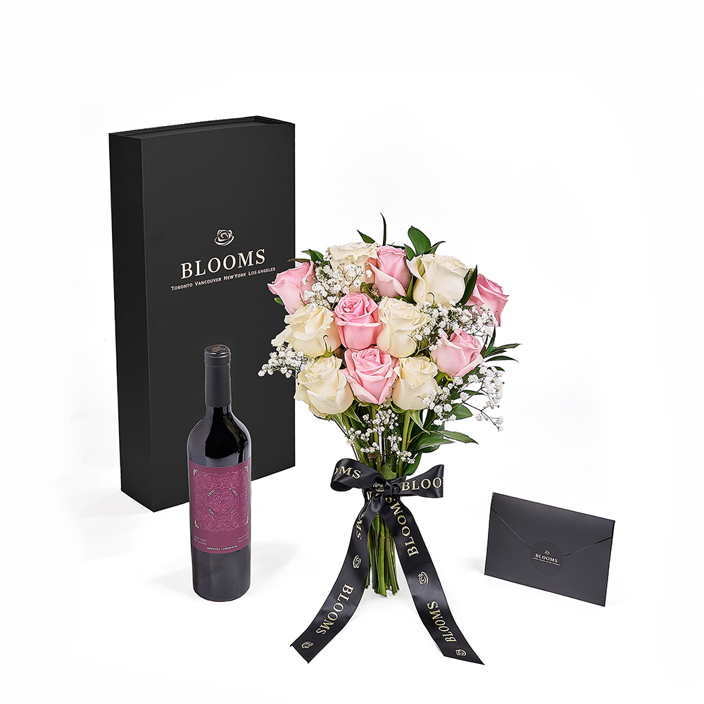Valentine's Day Bouquet of Pink and White Roses with Wine in Black Designer Box – how the gift is presented