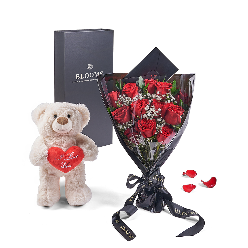 Valentine's Day 12 Stem Red Rose Bouquet With Box &amp; Bear, plush, roses, Valentine's day gifts, America Blooms Flower Delivery