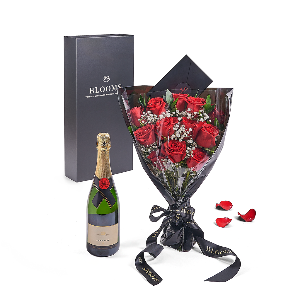 Valentine’s Day 12 Stem Red Rose Bouquet With Box & Champagne, Valentine's day gifts, America Blooms Flower Delivery, sparkling wine