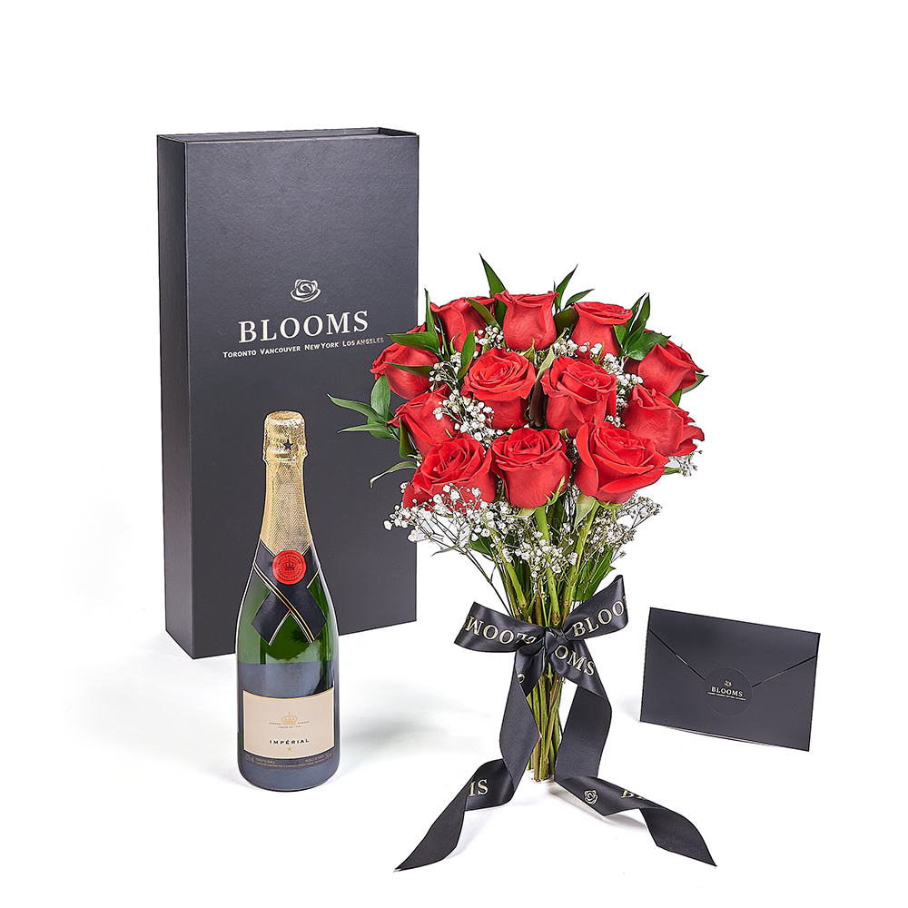 Valentine’s Day 12 Stem Red Rose Bouquet With Box & Champagne, Valentine's day gifts, America Blooms Flower Delivery, sparkling wine
