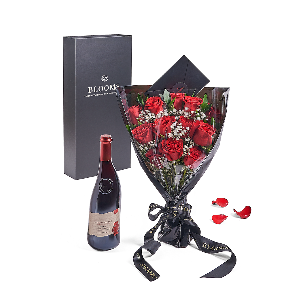 Valentine's Day 12 Stem Red Rose Bouquet With Box &amp; Wine, roses, wine, Valentine's day gifts, America Blooms Flower Delivery