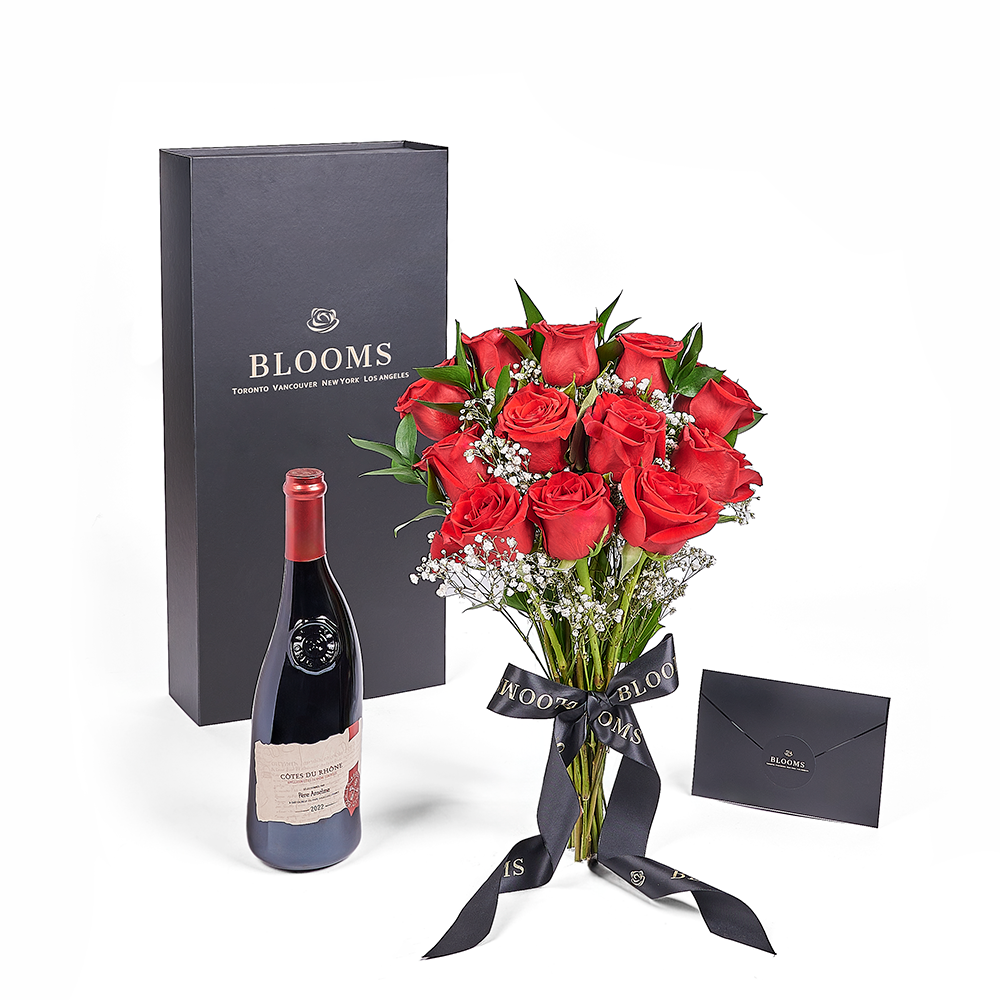 Black Box Dozen Red Roses Bouquet with Wine for Valentine's Day – how the gift is presented