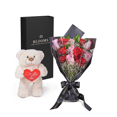 Valentine's Day 12 Stem Red & Pink Rose Bouquet With Box & Bear, America Flower Delivery, Valentine's Day gifts, roses, plush gifts. America Blooms Delivery