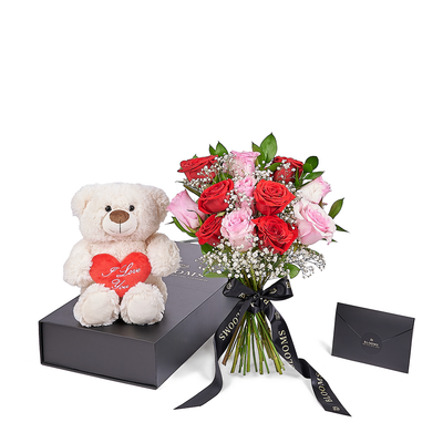 Valentine's Day 12 Stem Red & Pink Rose Bouquet With Box & Bear, America Flower Delivery, Valentine's Day gifts, roses, plush gifts. America Blooms Delivery