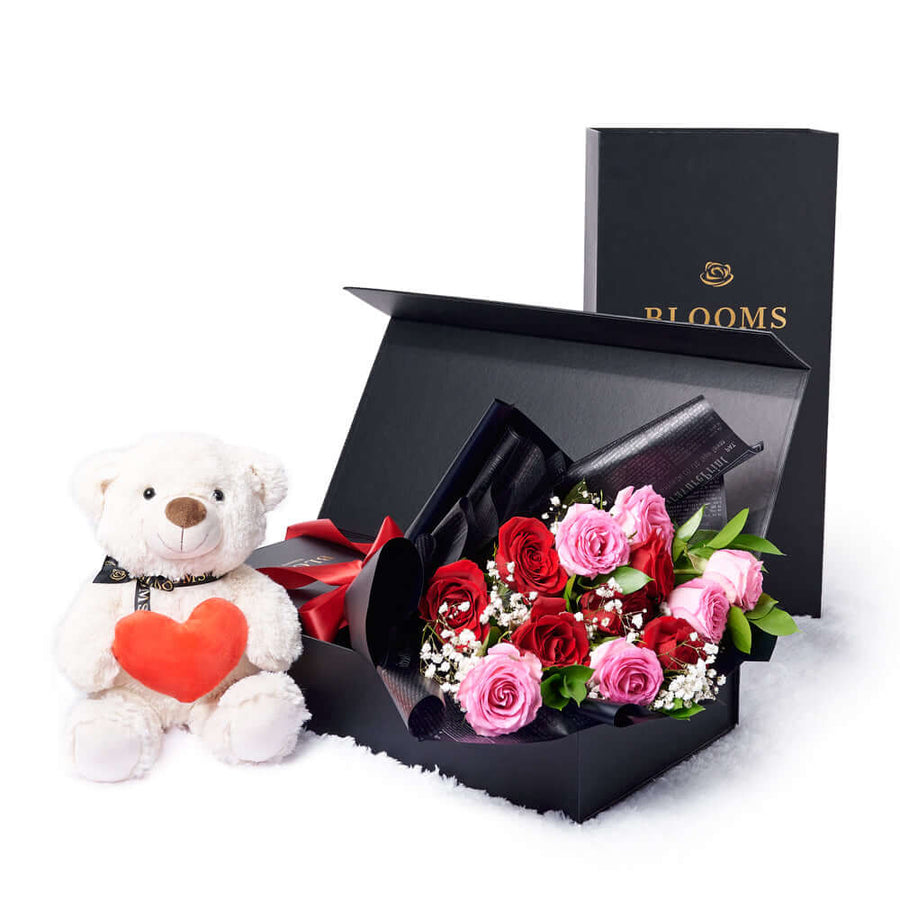 Valentine's Day 12 Stem Red & Pink Rose Bouquet With Box & Bear, America Flower Delivery, Valentine's Day gifts, roses, plush gifts. America Blooms Delivery