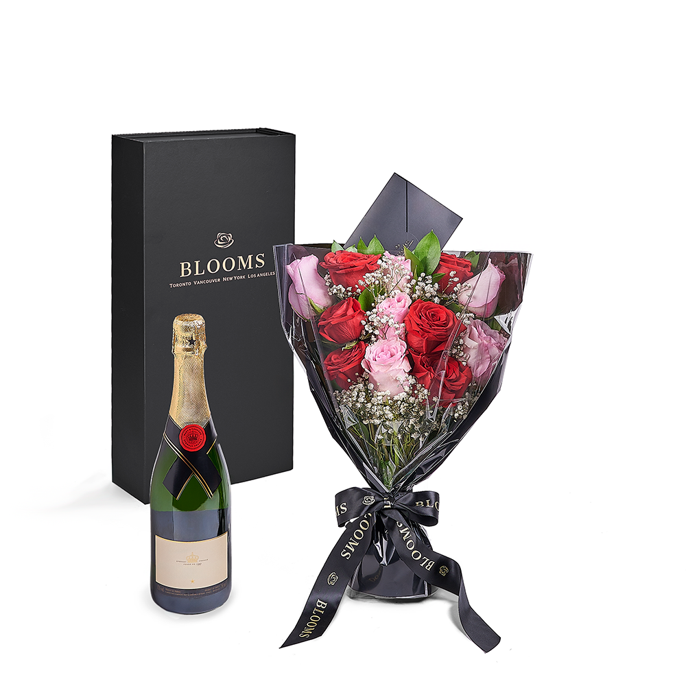 Valentine’s Day 12 Stem Red &amp; Pink Rose Bouquet With Box &amp; Champagne, America Blooms Flower Delivery, Valentine's Day gifts, roses