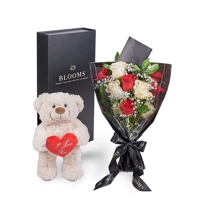 Valentine's Day 12 Stem Red & White Bouquet With Box & Bear, America Flower Delivery, Valentine's Day gifts, roses, plush gifts. Blooms America Delivery