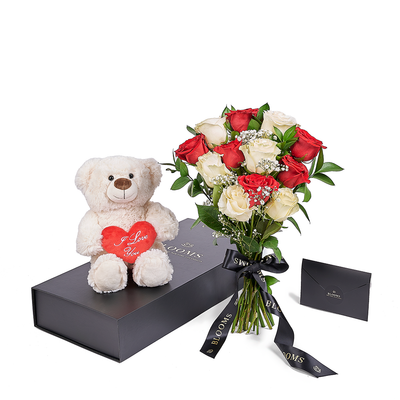 Valentine's Day 12 Stem Red & White Bouquet With Box & Bear, America Flower Delivery, Valentine's Day gifts, roses, plush gifts. Blooms America Delivery