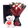 Valentine's Day 12 Stem Red & White Bouquet With Box & Bear, America Flower Delivery, Valentine's Day gifts, roses, plush gifts. America Blooms Delivery