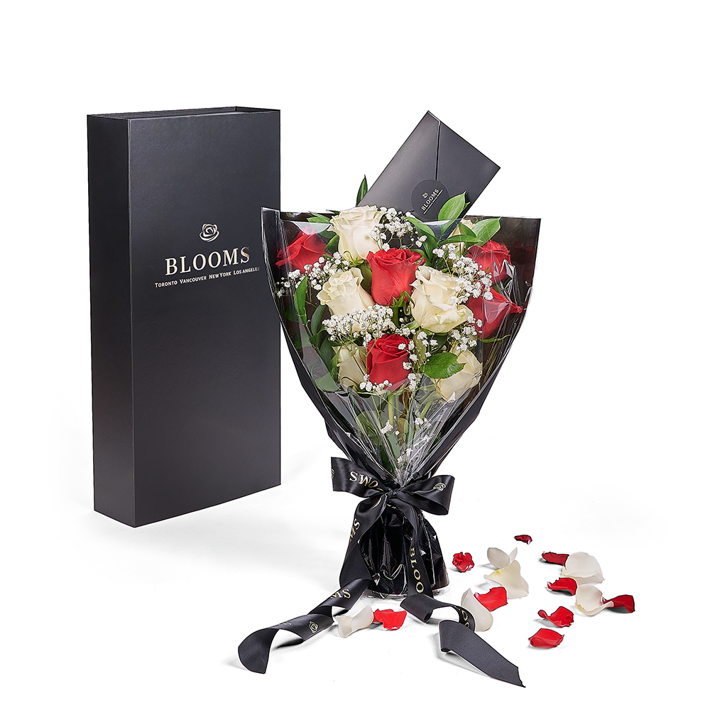 Valentine's Day 12 Stem Red &amp; White Rose Bouquet With Box, America Flower Delivery, Valentine's Day gifts, roses, America Blooms Delivery