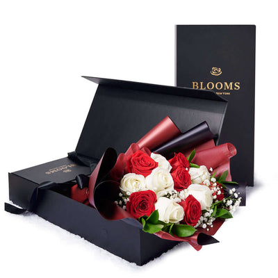 Valentine's Day 12 Stem Red & White Rose Bouquet With Box, America Flower Delivery, Valentine's Day gifts, roses, Blooms America Delivery