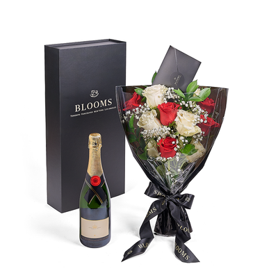 Valentine's Day 12 Stem Red & White Rose Bouquet With Box & Champagne, Valentine's Day gifts, roses, champagne gifts, America Blooms Delivery