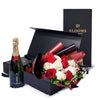 Valentine's Day 12 Stem Red & White Rose Bouquet With Box & Champagne, Valentine's Day gifts, roses, champagne gifts, Blooms America Delivery