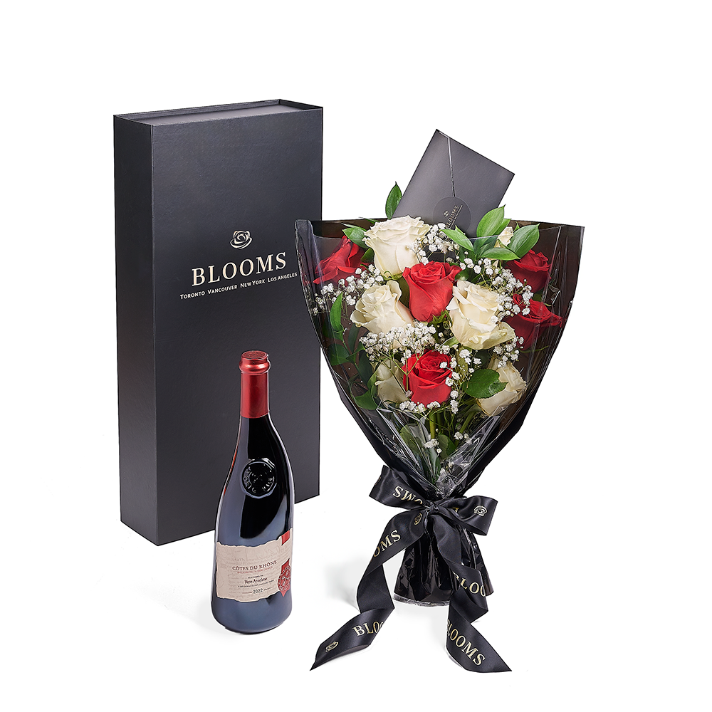 Valentine’s Day 12 Stem Red &amp; White Rose Bouquet With Box &amp; Wine, Valentine's Day gifts, roses, wine gifts, America Blooms Flower Delivery