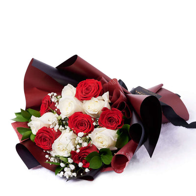 Valentine's Day 12 Stem Red & White Rose Bouquet, America Flower Delivery, roses, Valentine's Day gifts. Blooms America Delivery