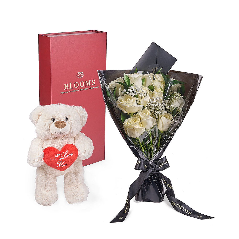 Valentine's Day 12 Stem White Rose Bouquet With Box & Bear, Valentine's Day gifts, plush gifts, roses gifts, Blooms America Flower Delivery