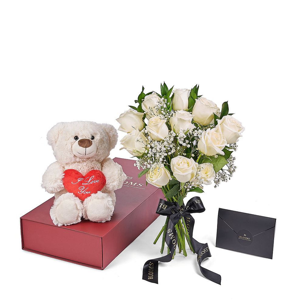 Valentine's Day 12 Stem White Rose Bouquet With Box & Bear, Valentine's Day gifts, plush gifts, roses gifts, Blooms America Flower Delivery