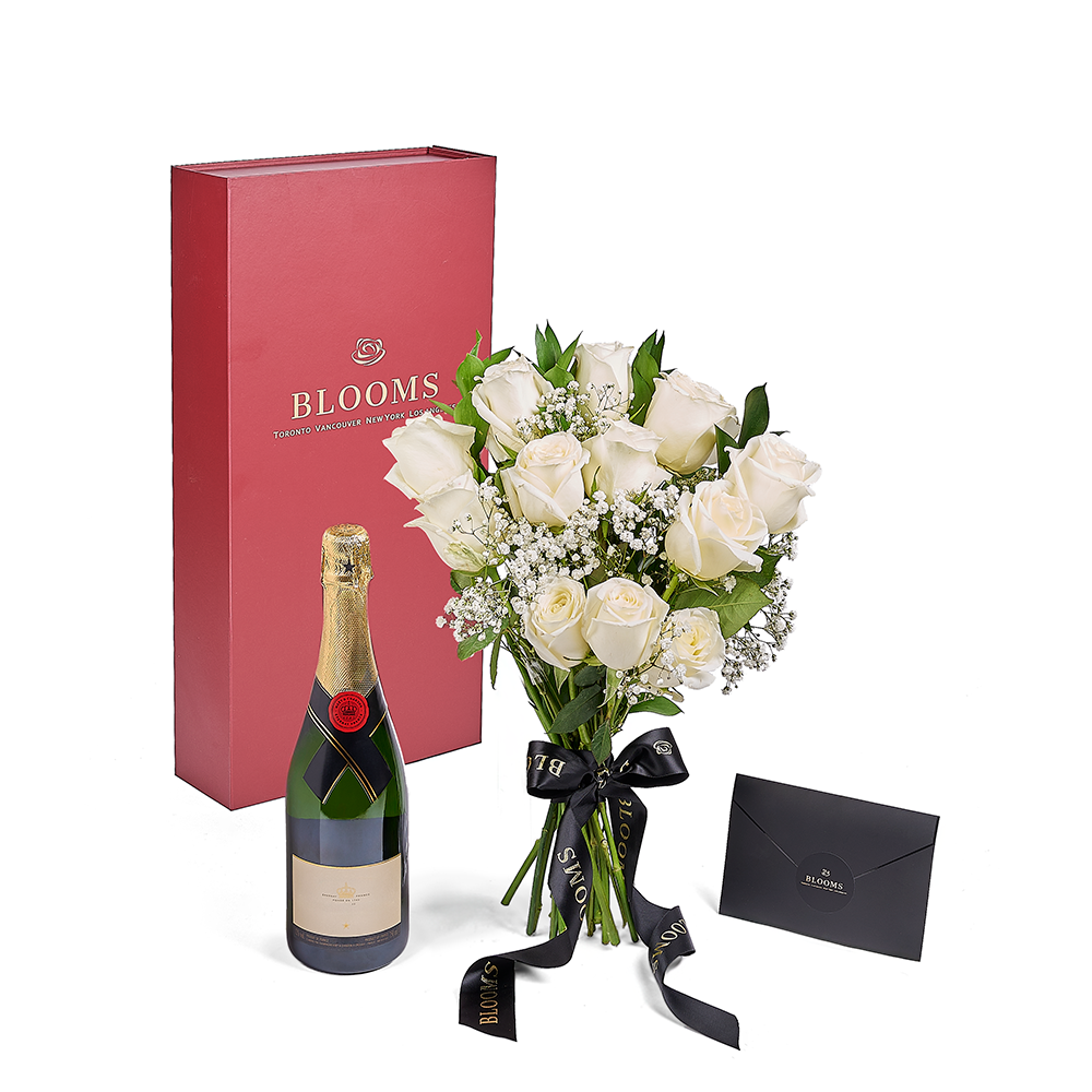 Valentine’s Day 12 Stem White Rose Bouquet With Box & Champagne, Valentine's Day gifts, America Flower Delivery, roses, champagne gifts. America Blooms Delivery