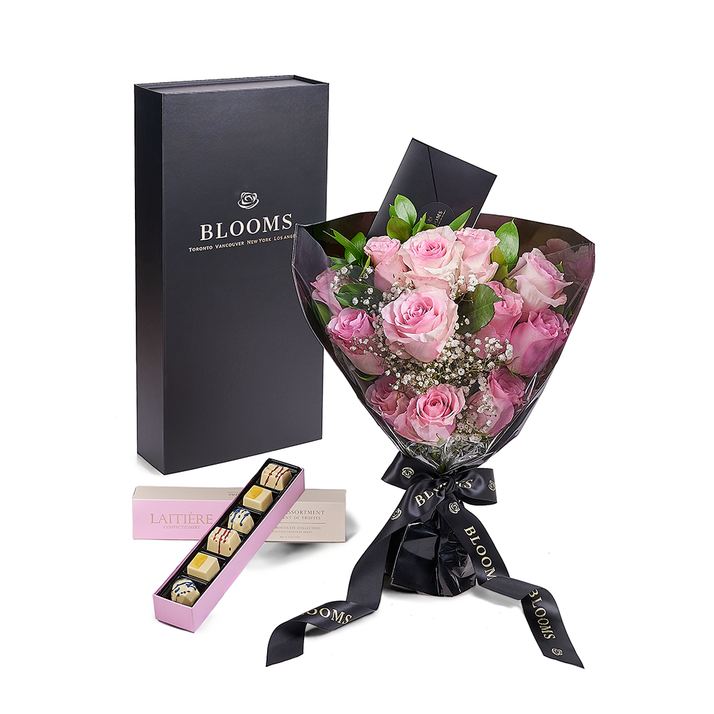 Valentine's Day Dozen Pink Rose Bouquet With Box & Chocolate, America Flower Delivery, Valentine's Day gifts, bouquets, pink roses. America Blooms Delivery