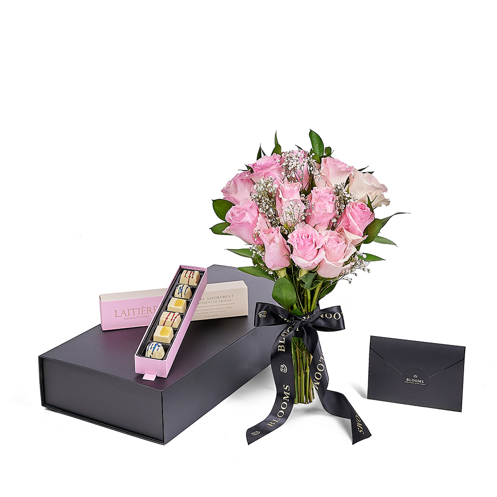 Valentine’s Day Dozen Pink Rose Bouquet With Box & Chocolate, America Flower Delivery, Valentine's Day gifts, bouquets, pink roses. America Blooms Delivery