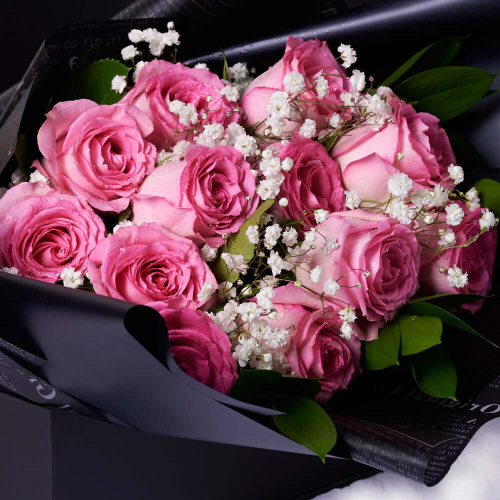 Valentine’s Day Dozen Pink Rose Bouquet With Box & Chocolate, America Flower Delivery, Valentine's Day gifts, bouquets, pink roses. Blooms America Delivery