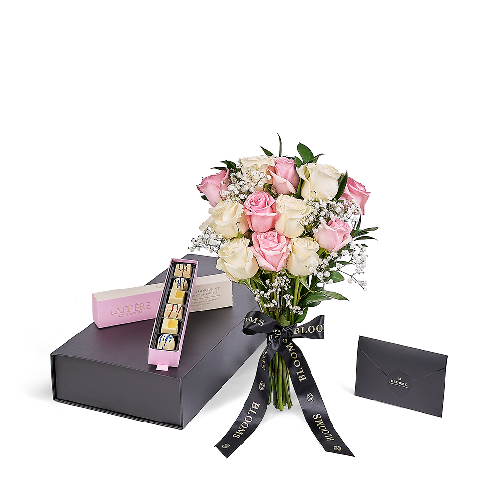 Valentine’s Day Dozen Pink & White Rose Bouquet With Box & Chocolate, valentines day gift, valentines day, chocolate gift, chocolate, rose gift, rose, America delivery