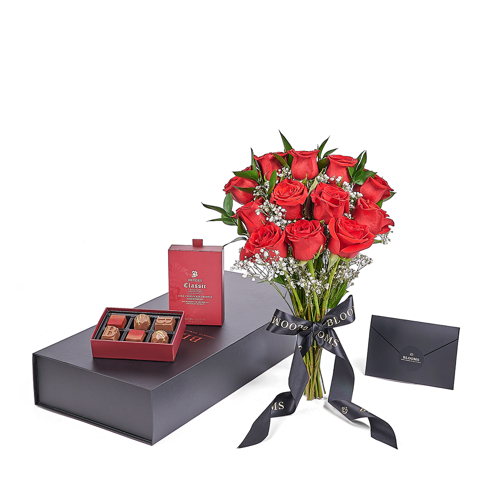 Valentine's Day Dozen Red Rose Bouquet With Box & Chocolate, Valentine's Day gifts, roses, America Blooms Flower Delivery