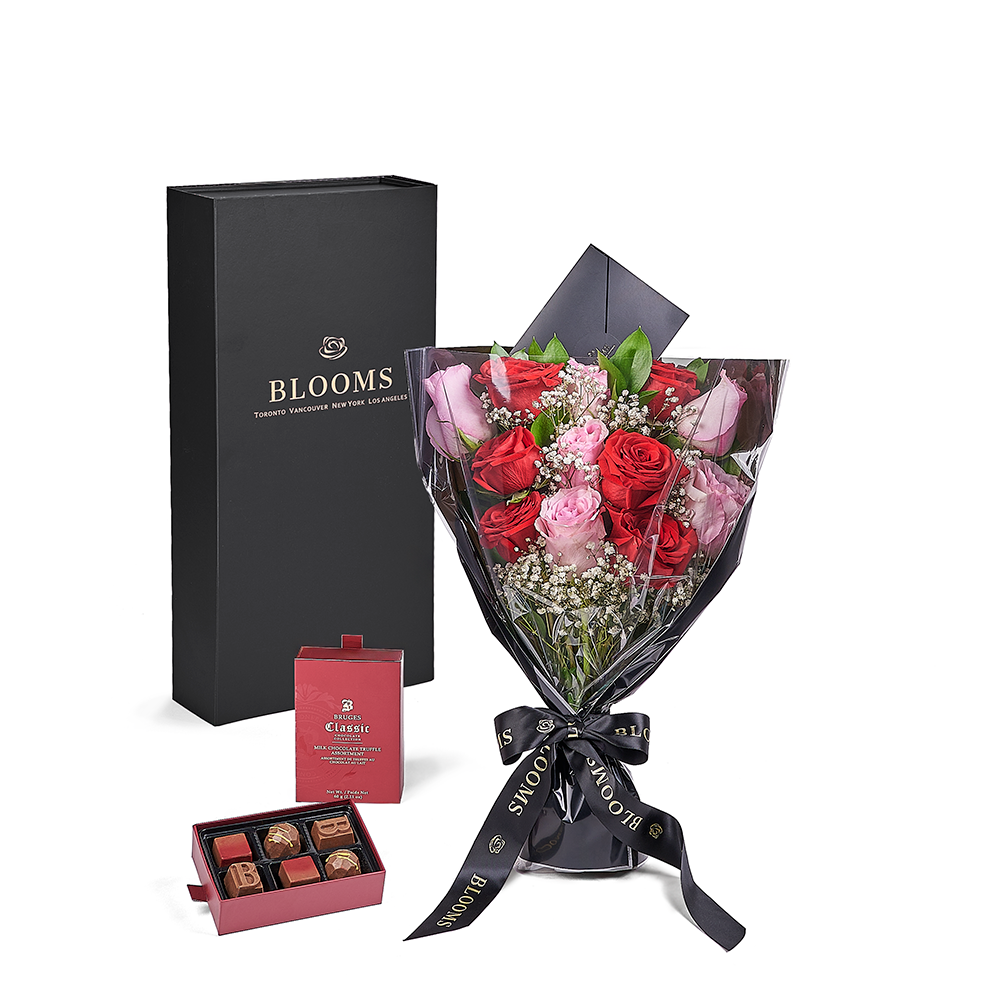 Valentine’s Day Dozen Red &amp; Pink Rose Bouquet With Box &amp; Chocolate, America Flower Delivery, Valentine's Day gifts. America Blooms Delivery