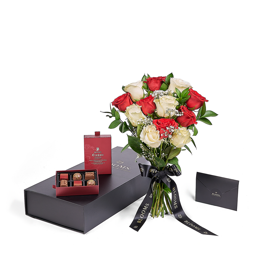 Valentine’s Day Dozen Red & White Rose Bouquet With Box & Chocolate, Valentine's Day gifts, America Blooms Flower Delivery, roses