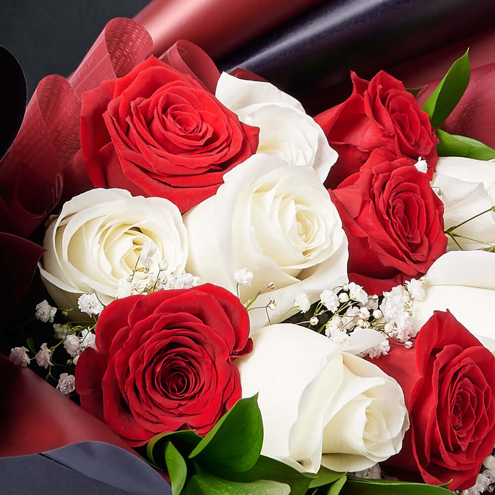 Valentine’s Day Dozen Red & White Rose Bouquet With Box & Chocolate, Valentine's Day gifts, Blooms America Flower Delivery, roses