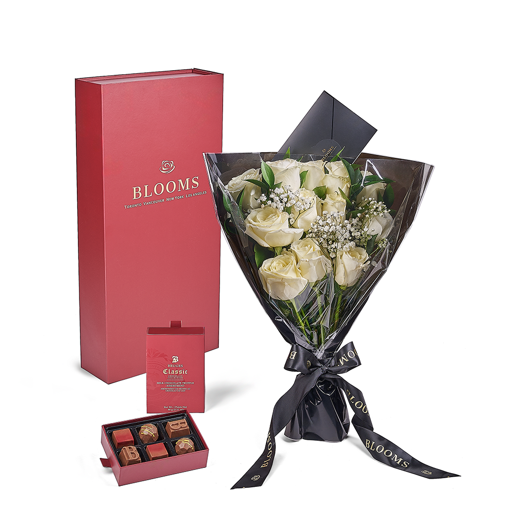 Valentine's Day Dozen White Rose Bouquet With Box & Chocolate, Valentine's Day gifts, roses, chocolate gifts, Flower Blooms America Delivery
