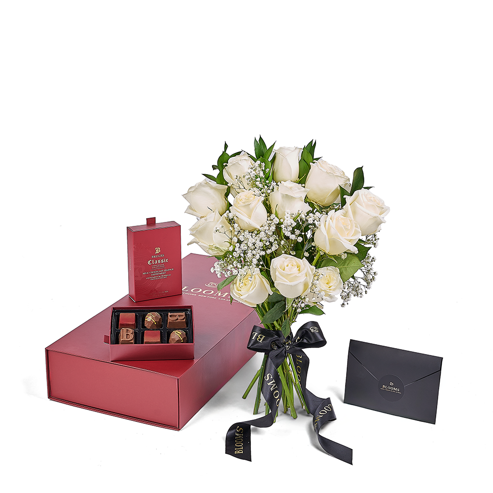 Valentine’s Day Dozen White Rose Bouquet With Box & Chocolate, Valentine's Day gifts, roses, chocolate gifts, Flower Blooms America Delivery
