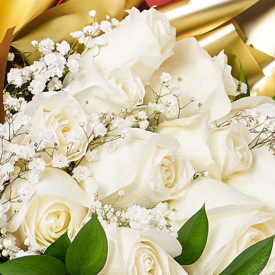 Valentine's Day Dozen White Rose Bouquet With Box & Chocolate, Valentine's Day gifts, roses, chocolate gifts, Flower Blooms America Delivery
