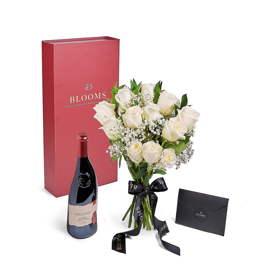 Valentine's Day Dozen White Rose Bouquet With Box & Wine, America Blooms Delivery