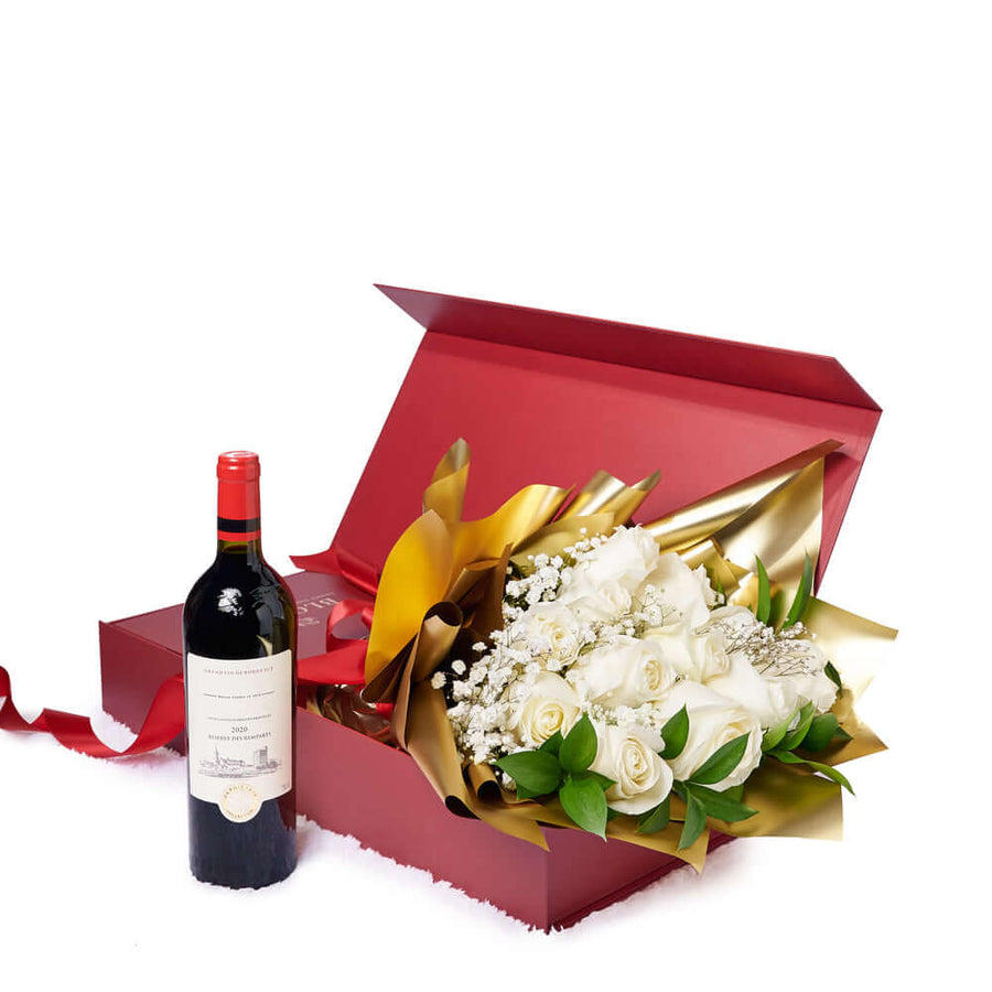 Valentine's Day Dozen White Rose Bouquet With Box & Wine, America Blooms Delivery