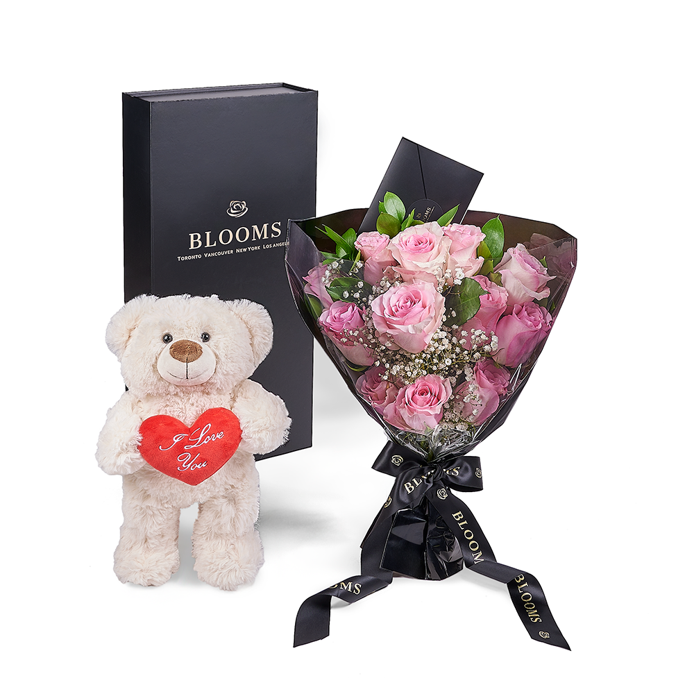 Valentines Day 12 Stem Pink Rose Bouquet With Box &amp; Bear, America Blooms Delivery