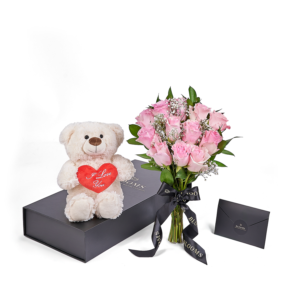 Valentines Day 12 Stem Pink Rose Bouquet With Box & Bear, America Blooms Delivery