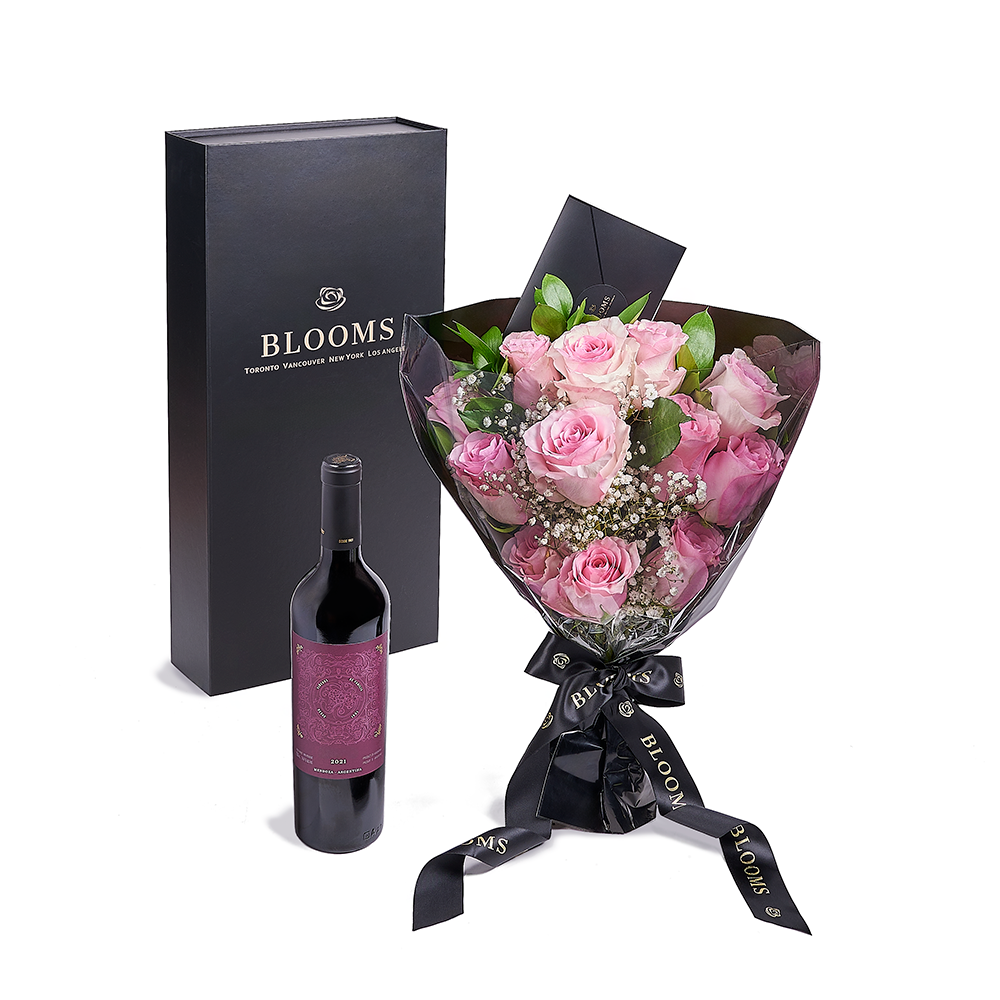 Valentine's Day 12 Stem Pink Rose Bouquet With Box &amp; Wine, Blooms America Flower Delivery, Valentine's Day gifts, rose gifts, pink roses, wine gifts
