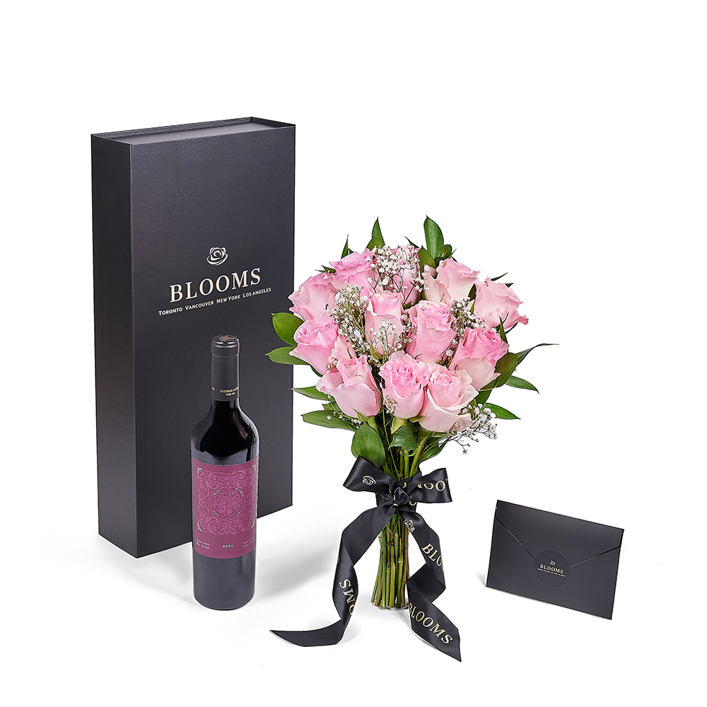 Valentine's Day 12 Stem Pink Rose Bouquet With Box & Wine, Blooms America Flower Delivery, Valentine's Day gifts, rose gifts, pink roses, wine gifts
