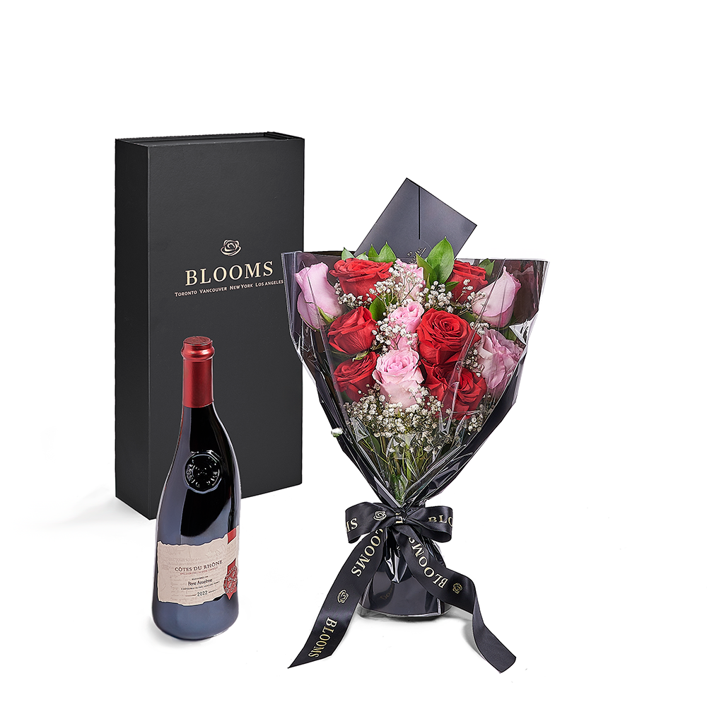 Valentine's Day 12 Stem Red &amp; Pink Rose Bouquet With Box &amp; Wine, Blooms America Flower Delivery, Valentine's Day gifts