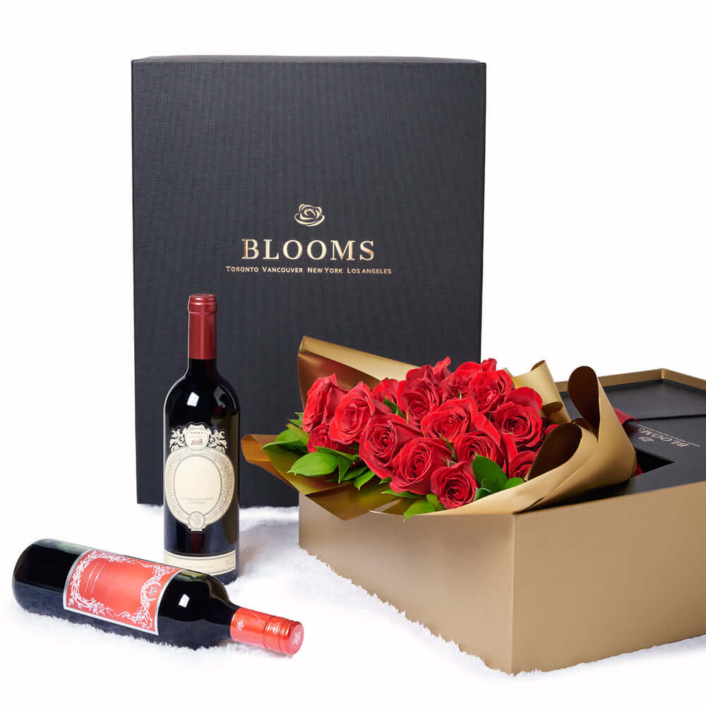 Valentine's Day 18 Stem Red Roses With Chocolate & Wine, Blooms America Flower Delivery