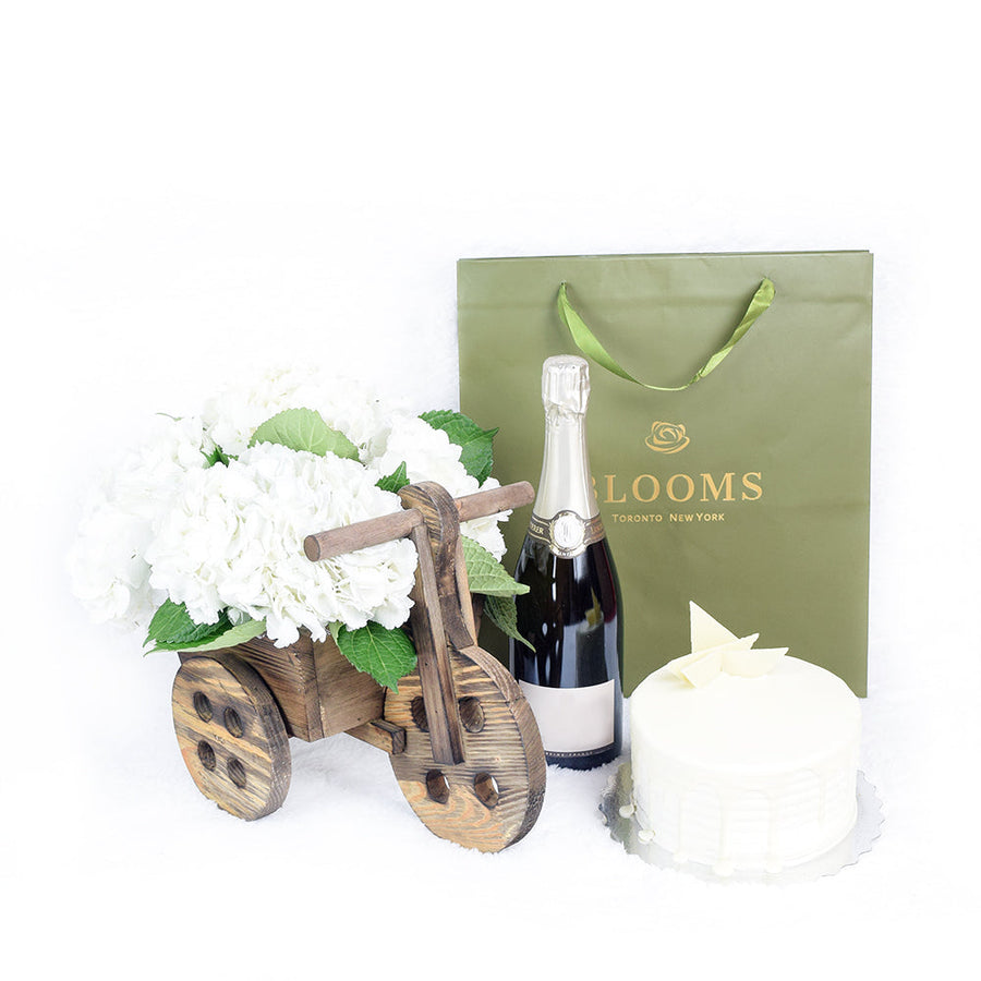 A Grand Celebration Flowers & Champagne Gift, Small White Chocolate & Vanilla Cake with wine from America Blooms - America Delivery.