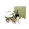 A Lovely Celebration Flowers & Wine Gift, Hydragea FLower in a wooden bicycle planter with Wine and Cake, from America Blooms - America Delivery.