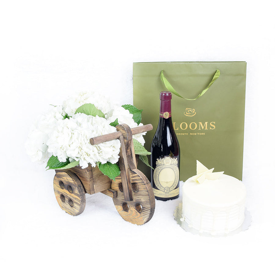 A Lovely Celebration Flowers & Wine Gift, Hydragea FLower in a wooden bicycle planter with Wine and Cake, from America Blooms - America Delivery.